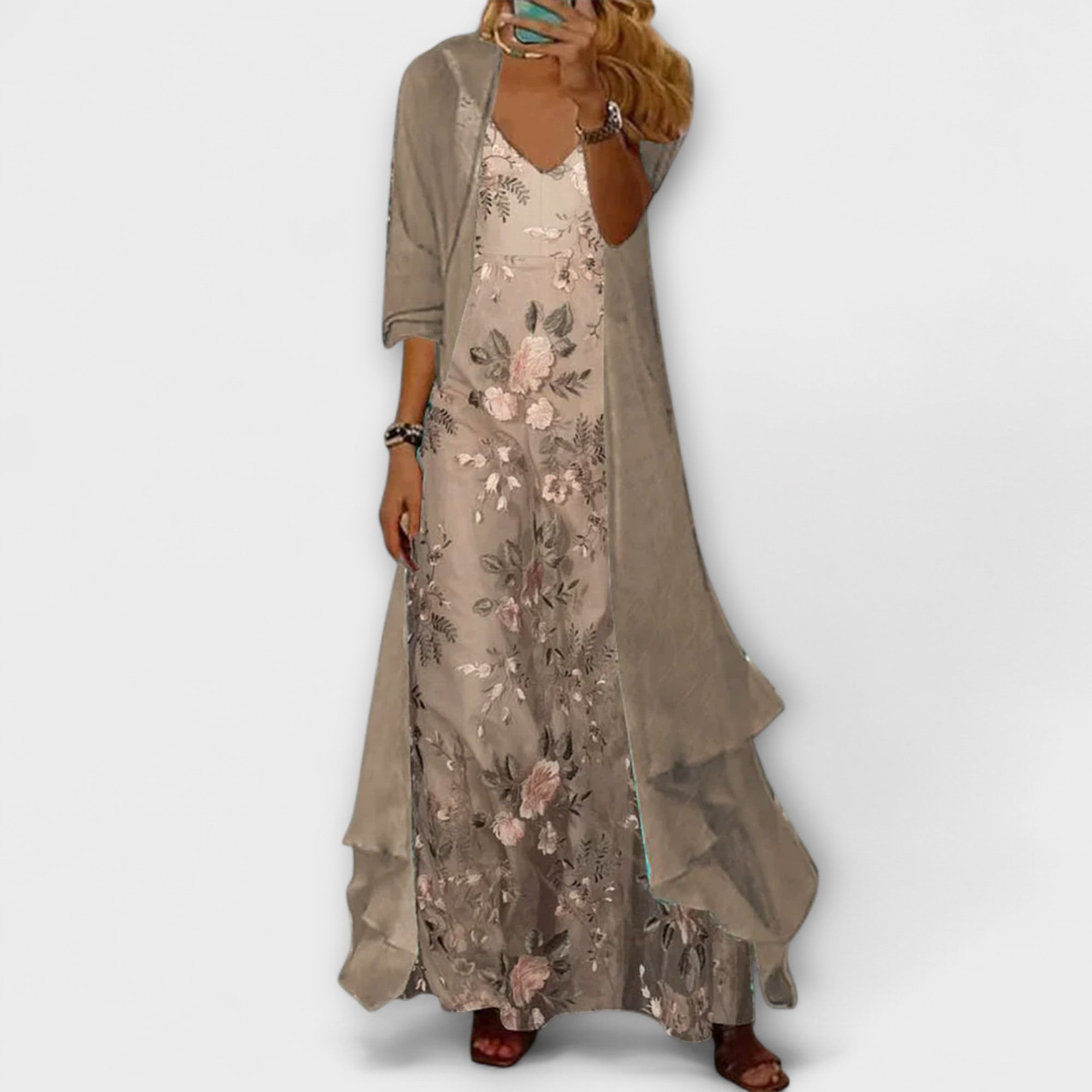 Ensemble Robe Longue Deux Pièces Femme Événement Soirée Imprimé Café Doux Veste Légère Superposition – Bryleigh