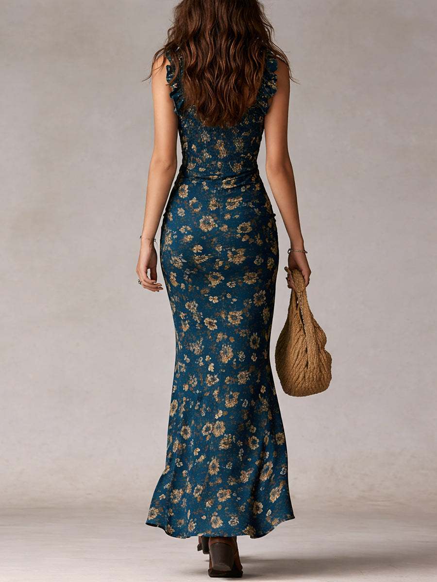 Robe Longue Bohème Femme Rétro Manches Volantes Fente Haute Imprimé Floral Vert – Bohème Libre