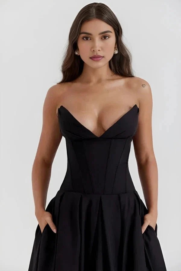 Robe Invitée de Mariage Midi Femme Corsage Sculpté Jupe Volumineuse Élégante Noire – Laarni