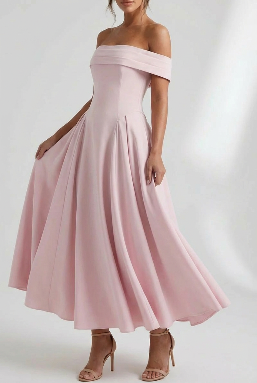 Évélisse | Vestido de Noche Midi Plisado con Hombros Descubiertos Elegante para Mujer