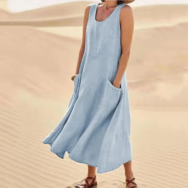 Vestido largo de verano de lino fluido para mujer, corte relajado sin mangas con bolsillos – Colección Estival