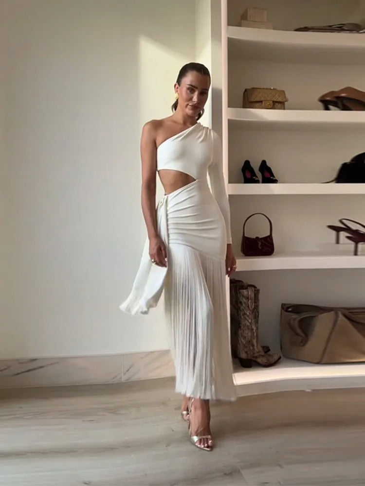 Vestido largo para mujer con hombro descubierto y flecos – Estilo elegante moderno