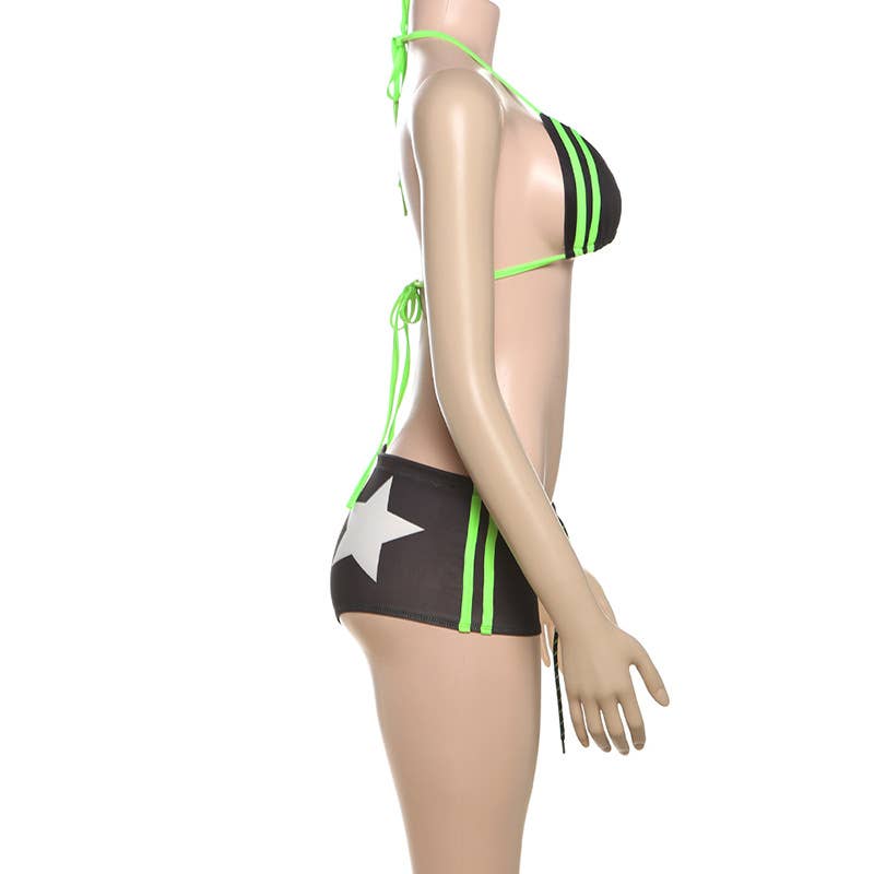 Bikini 2 Piezas Mujer Negro – Top Triángulo Halter & Braguita Shorty con Detalles Verde Neón