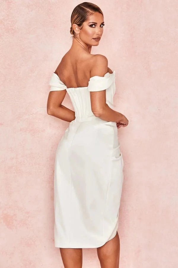 Robe Invitée de Mariage Mini Femme Satin Lourd Corset Off-Shoulder Drapé Asymétrique Fente Blanc – Lexana