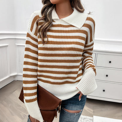 Top Femme Décontracté – Col Revers & Manches Longues Rayé