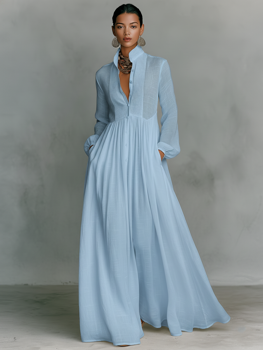 Robe Longue Femme en Coton Lin Manches Longues Col Montant Coupe Droite – Naturelle