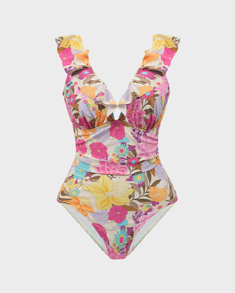 One-Piece Floral Swimsuit with Deep V-Neckline and Ruffled Details