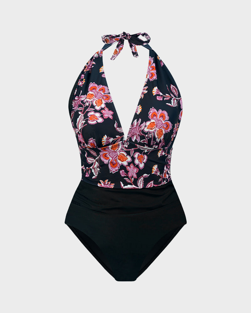 Costume da bagno intero con schiena scoperta, collo allacciato al collo e scollatura a V profonda