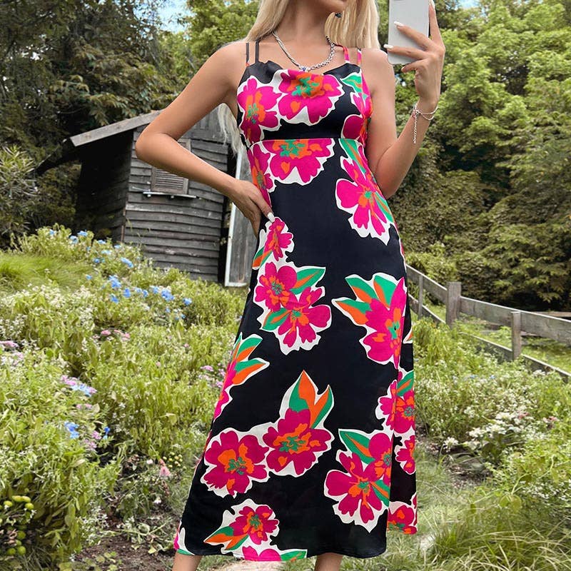 Abito lungo stampato con collo all'americana – Allaccia all'americana