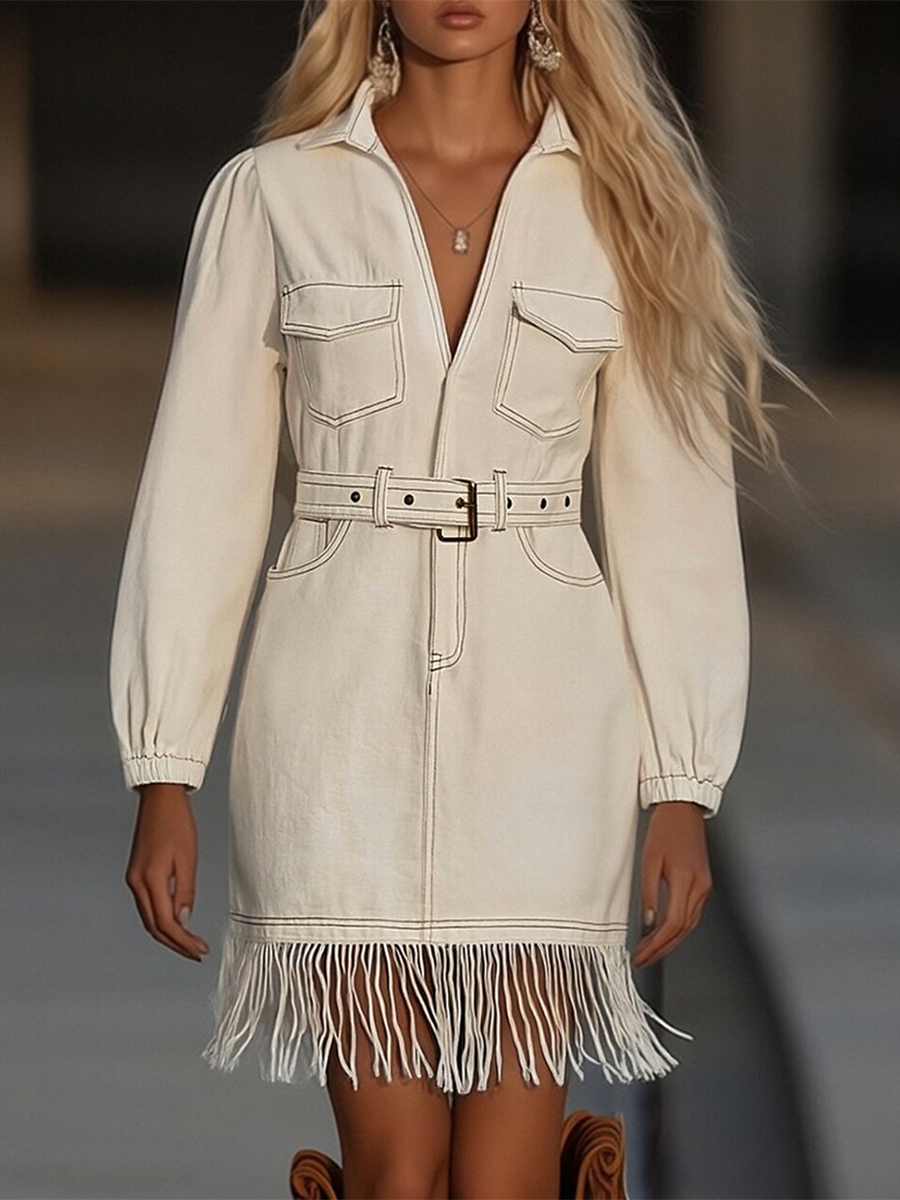 Robe Mini Femme Jean Franges Splicing Rétro Haut de Gamme Denim Ceinturée Coupe Ample Blanc Crème – Denim Luxe