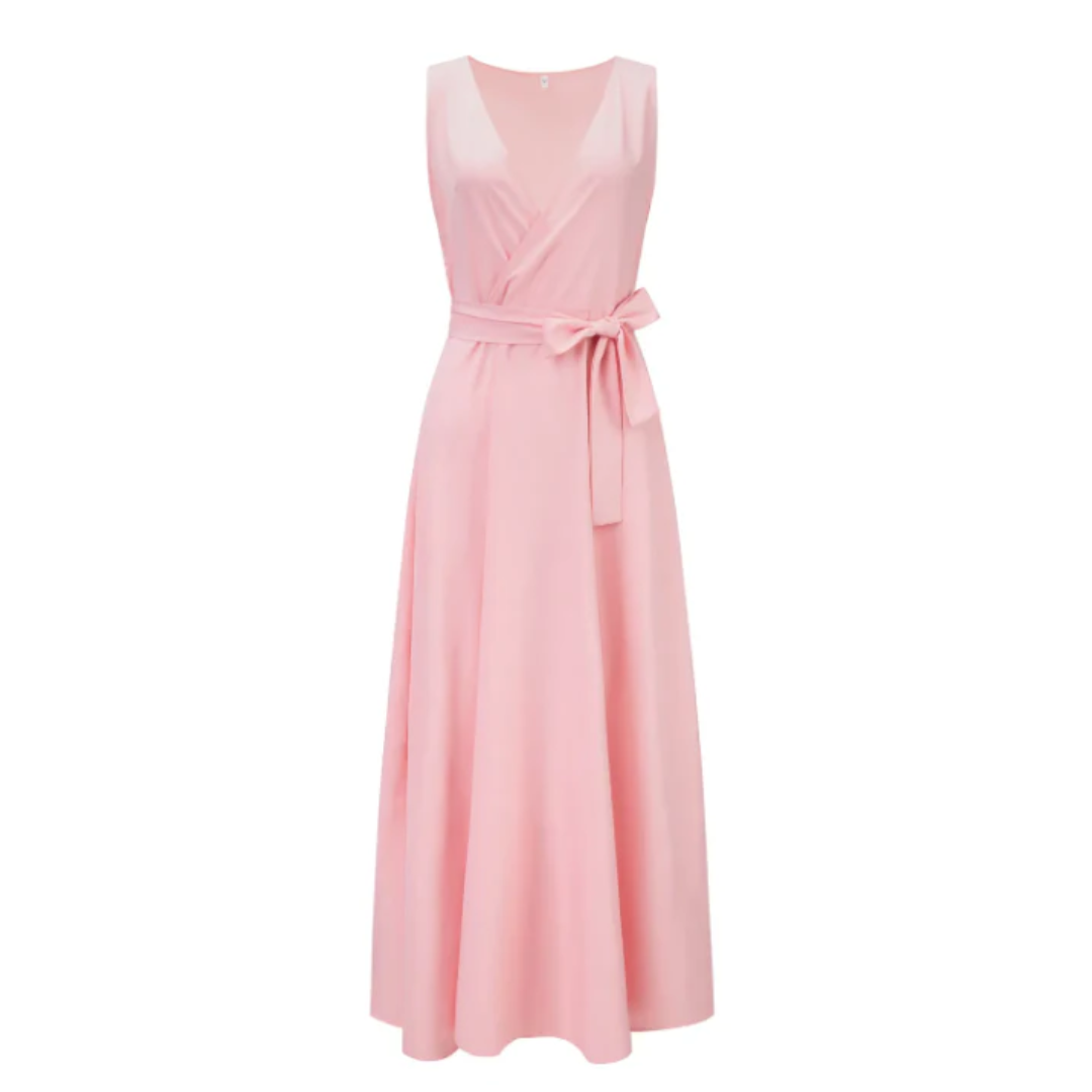 Abito lungo avvolgente da donna – Scollo a V, taglio fluido, senza maniche