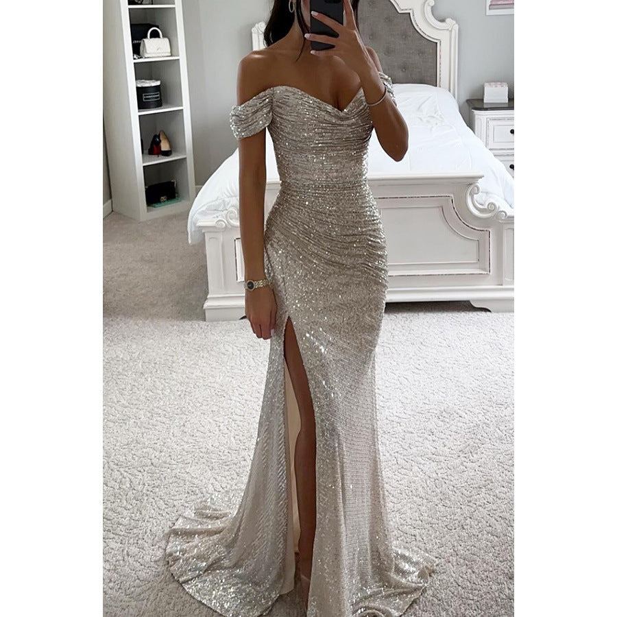 Robe de Soirée Maxi à Sequins Fendue Femme Épaules Nues Soirée Glamour – Sélénara