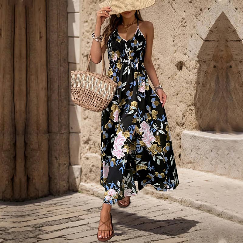 Robe Longue Femme Halter Fleurie avec Fente – Elisa