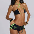 Bikini 2 Piezas Mujer Negro – Top Triángulo Halter & Braguita Shorty con Detalles Verde Neón