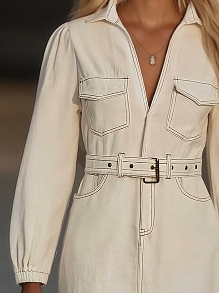 Robe Mini Femme Jean Franges Splicing Rétro Haut de Gamme Denim Ceinturée Coupe Ample Blanc Crème – Denim Luxe