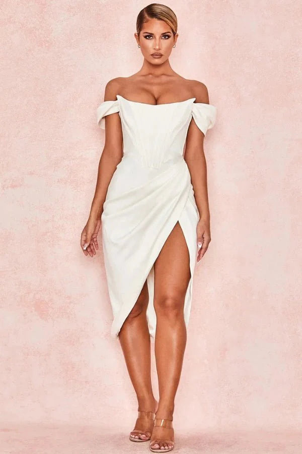 Robe Invitée de Mariage Mini Femme Satin Lourd Corset Off-Shoulder Drapé Asymétrique Fente Blanc – Lexana