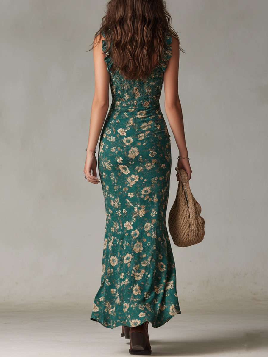 Robe Longue Bohème Femme Rétro Manches Volantes Fente Haute Imprimé Floral Vert – Bohème Libre