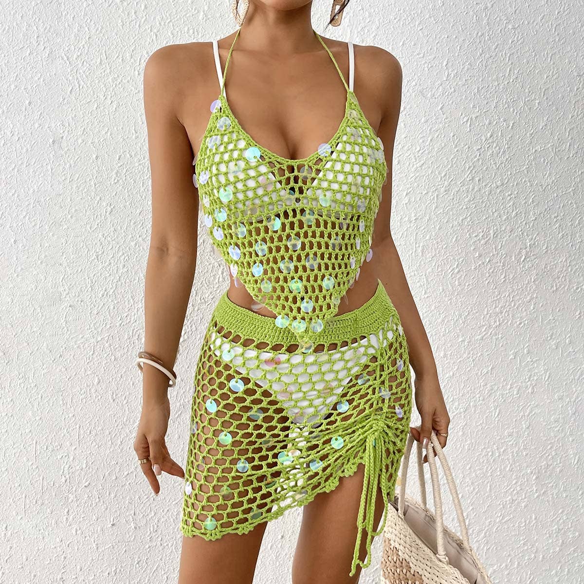 Completo Due Pezzi Donna all'Uncinetto con Paillettes – Top e Gonna da Spiaggia Regolabile