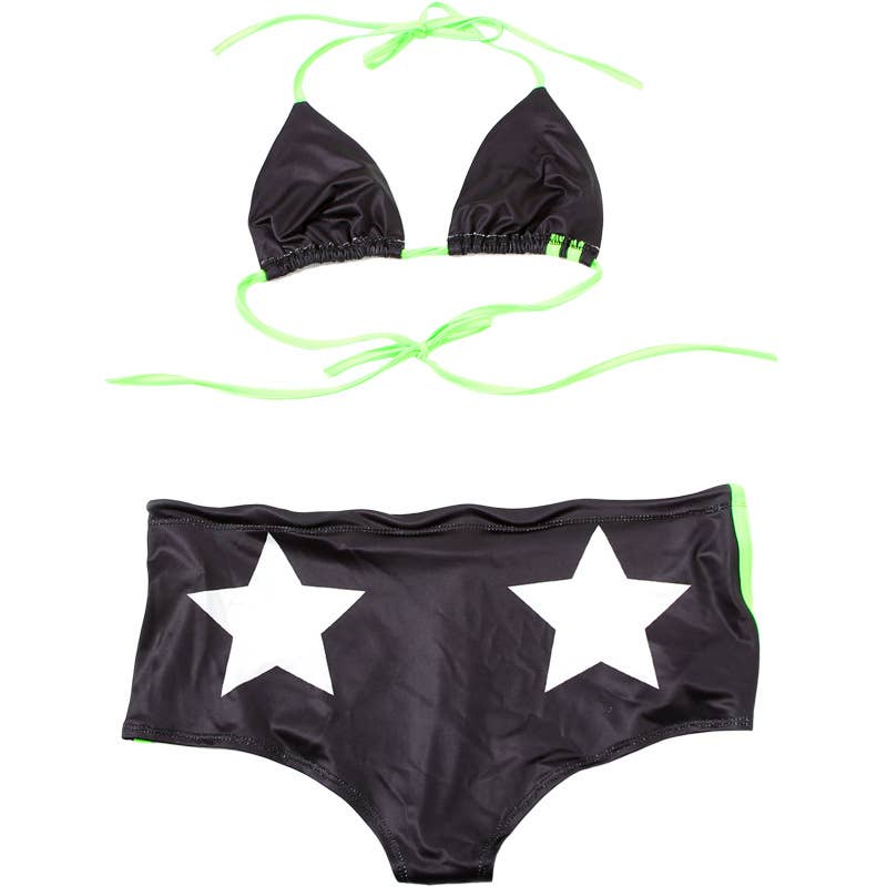 Bikini 2 Piezas Mujer Negro – Top Triángulo Halter & Braguita Shorty con Detalles Verde Neón