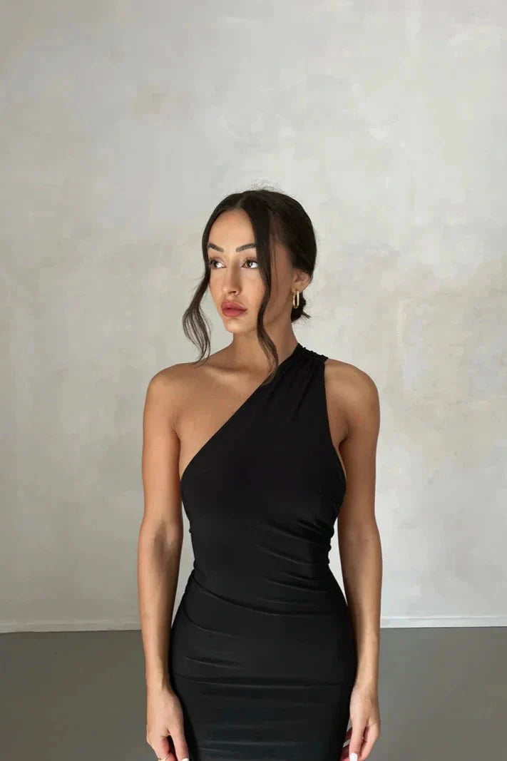 Robe Invitée de Mariage Longue Femme Une Épaule Sans Dos Boucle Foulard Ajustable Noire – Gwynn