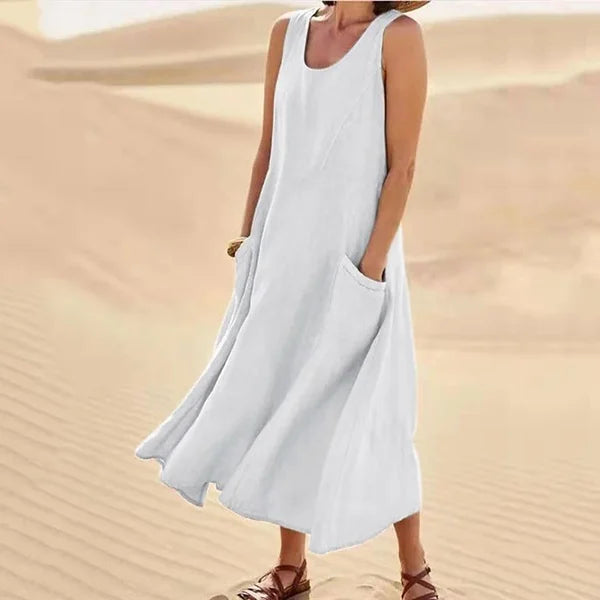 Vestido largo de verano de lino fluido para mujer, corte relajado sin mangas con bolsillos – Colección Estival