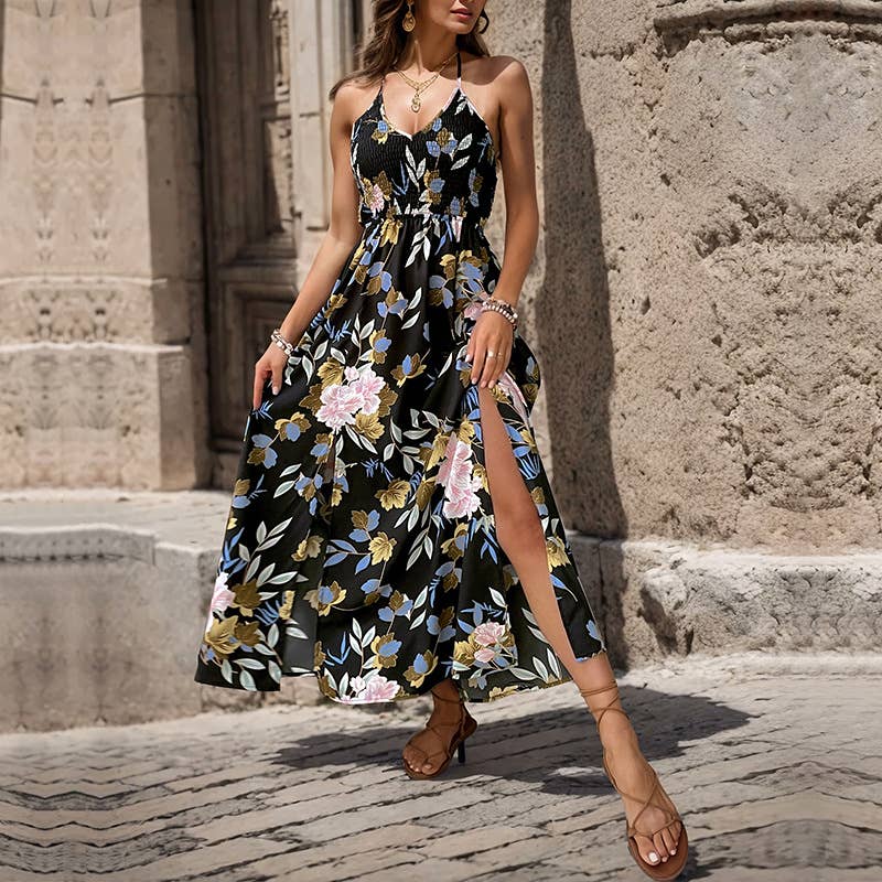 Robe Longue Femme Halter Fleurie avec Fente – Elisa