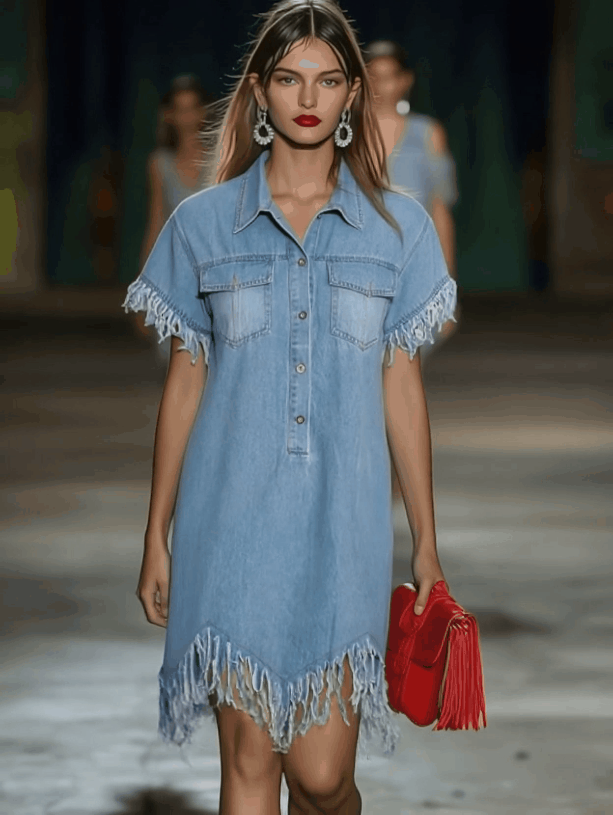 Robe Mini Décontractée Femme à Manches Courtes en Denim Vintage Ample avec Franges – Style Casual