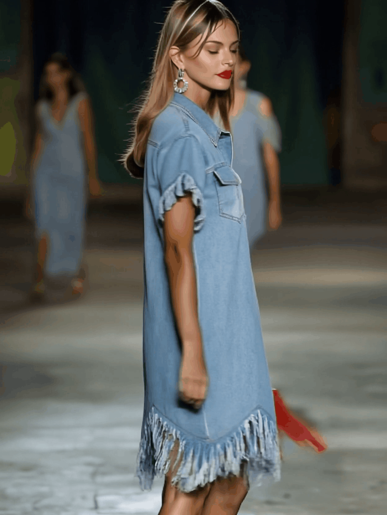 Robe Mini Décontractée Femme à Manches Courtes en Denim Vintage Ample avec Franges – Style Casual