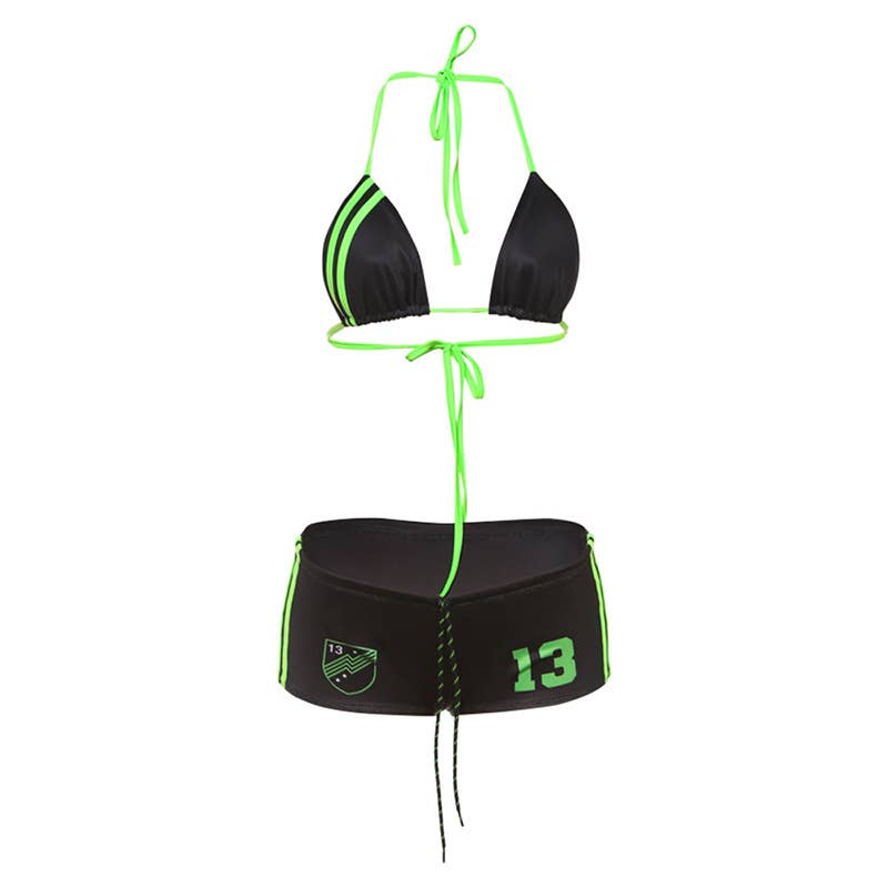 Bikini 2 Piezas Mujer Negro – Top Triángulo Halter & Braguita Shorty con Detalles Verde Neón
