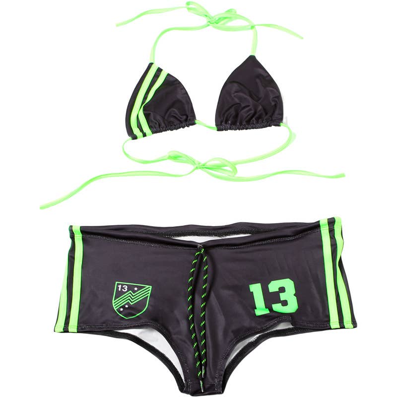 Bikini 2 Piezas Mujer Negro – Top Triángulo Halter & Braguita Shorty con Detalles Verde Neón