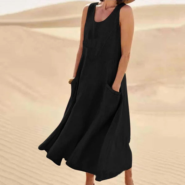 Vestido largo de verano de lino fluido para mujer, corte relajado sin mangas con bolsillos – Colección Estival