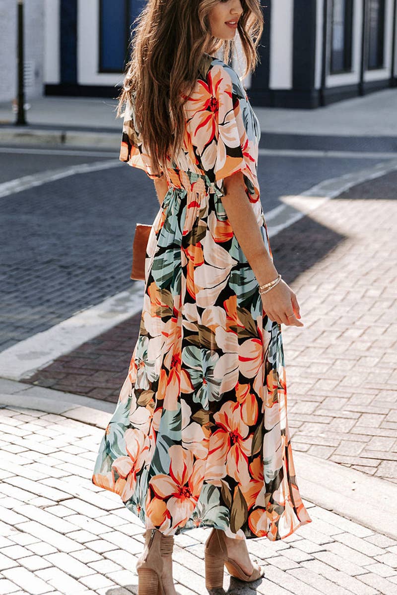 Long Printed Dress for Women – Elegant Bohemian Dress with V-Neck and High Slit
