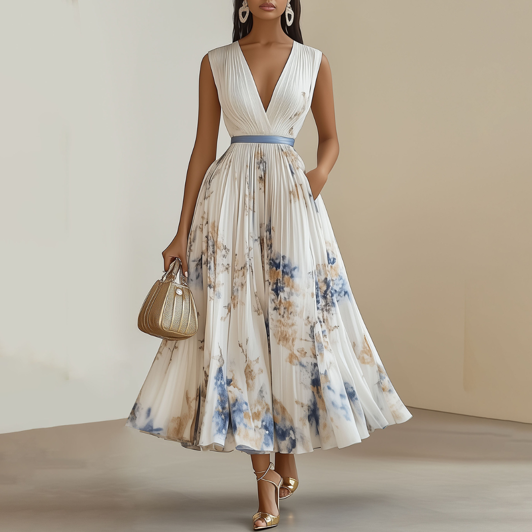 Abito Midi da Cerimonia Donna Plissettato con Stampa Floreale Blu e Bianco – Jessie