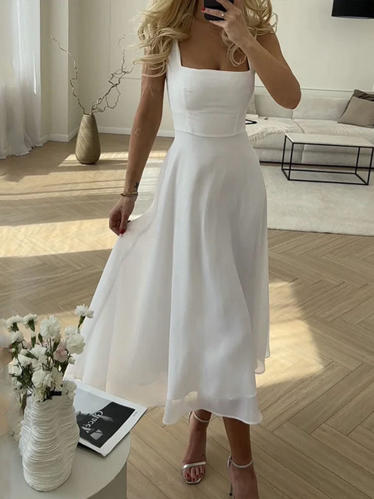 Robe de Soirée Midi Femme Décolleté Carré Coupe A Tissu Léger Aéré Style Élégant Intemporel – Marie
