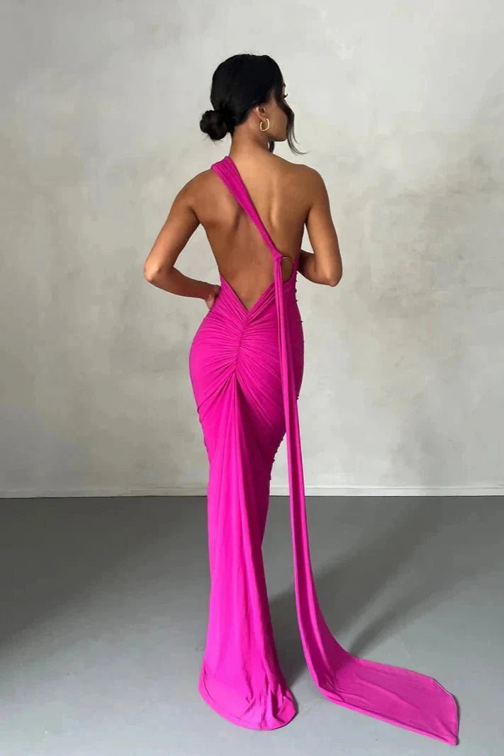 Robe Invitée de Mariage Longue Femme Une Épaule Sans Dos Boucle Foulard Ajustable Noire – Gwynn