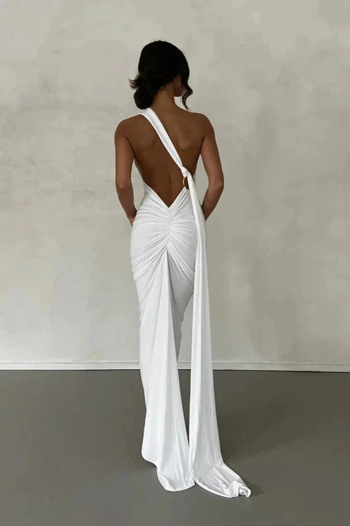 Robe Invitée de Mariage Longue Femme Une Épaule Sans Dos Boucle Foulard Ajustable Noire – Gwynn