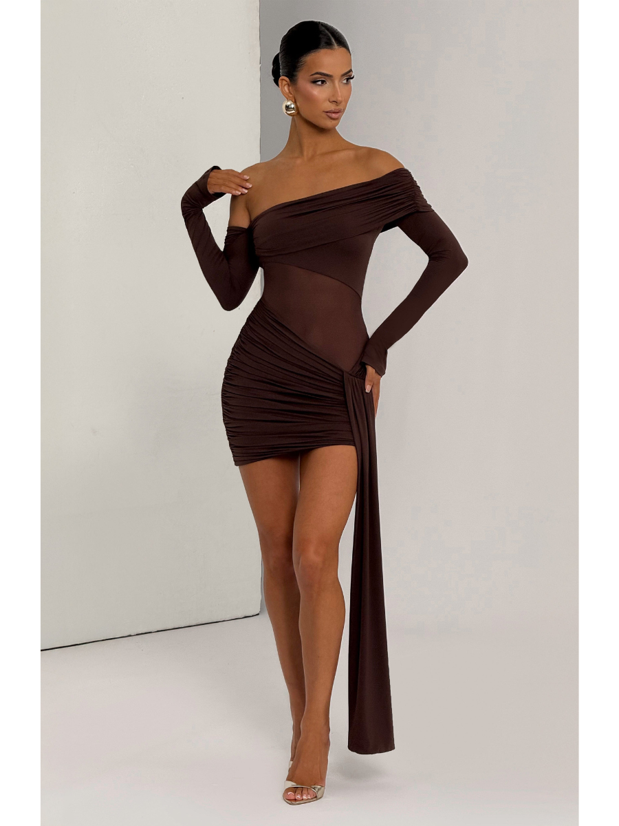 Abito da Sera Corto Donna con Maniche Lunghe e Dettagli Trasparenti – Stile Elegante