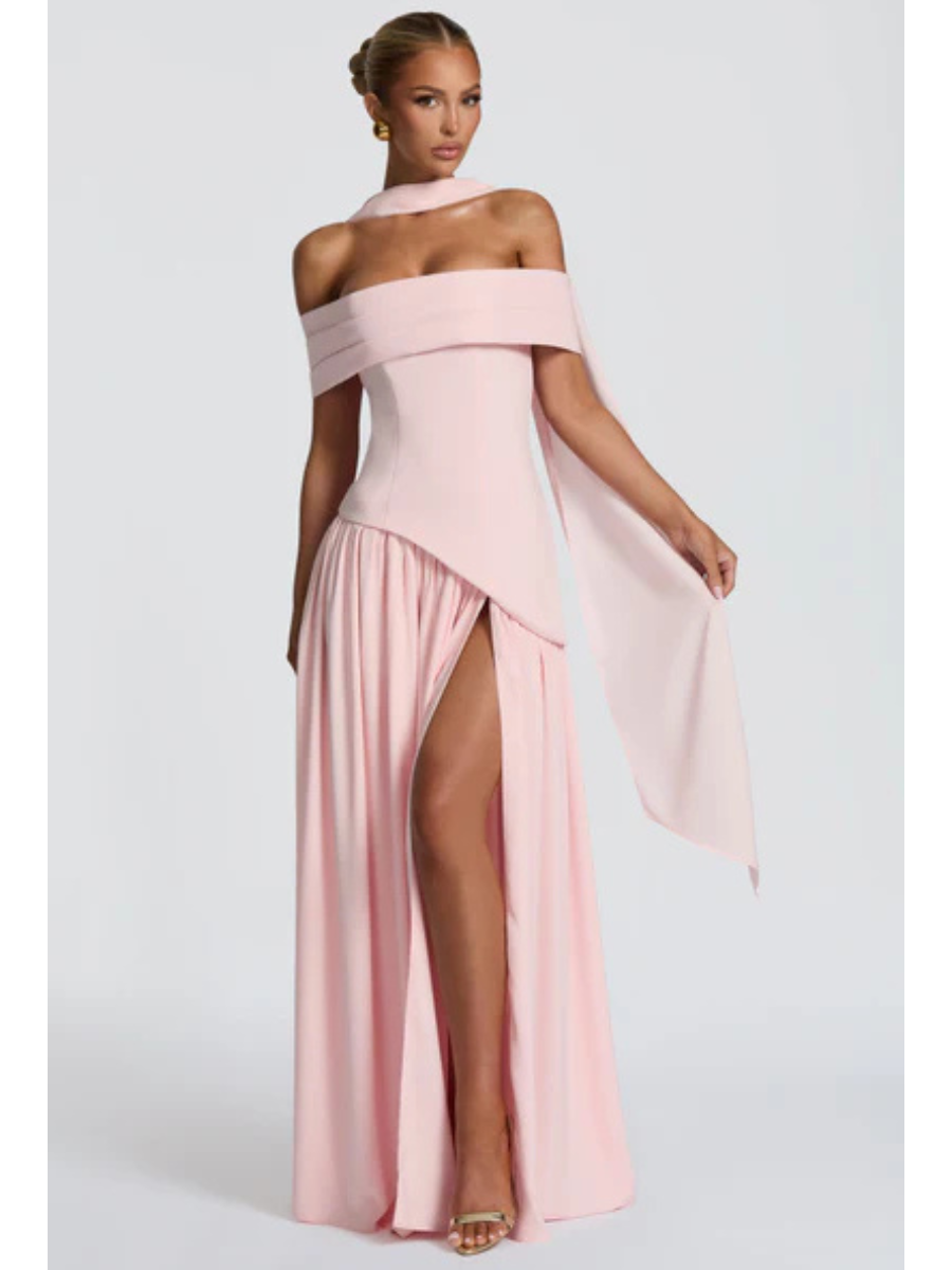 Abito da Sera Lungo Donna con Spalle Scoperte e Scollo Bardot – Stile Elegante