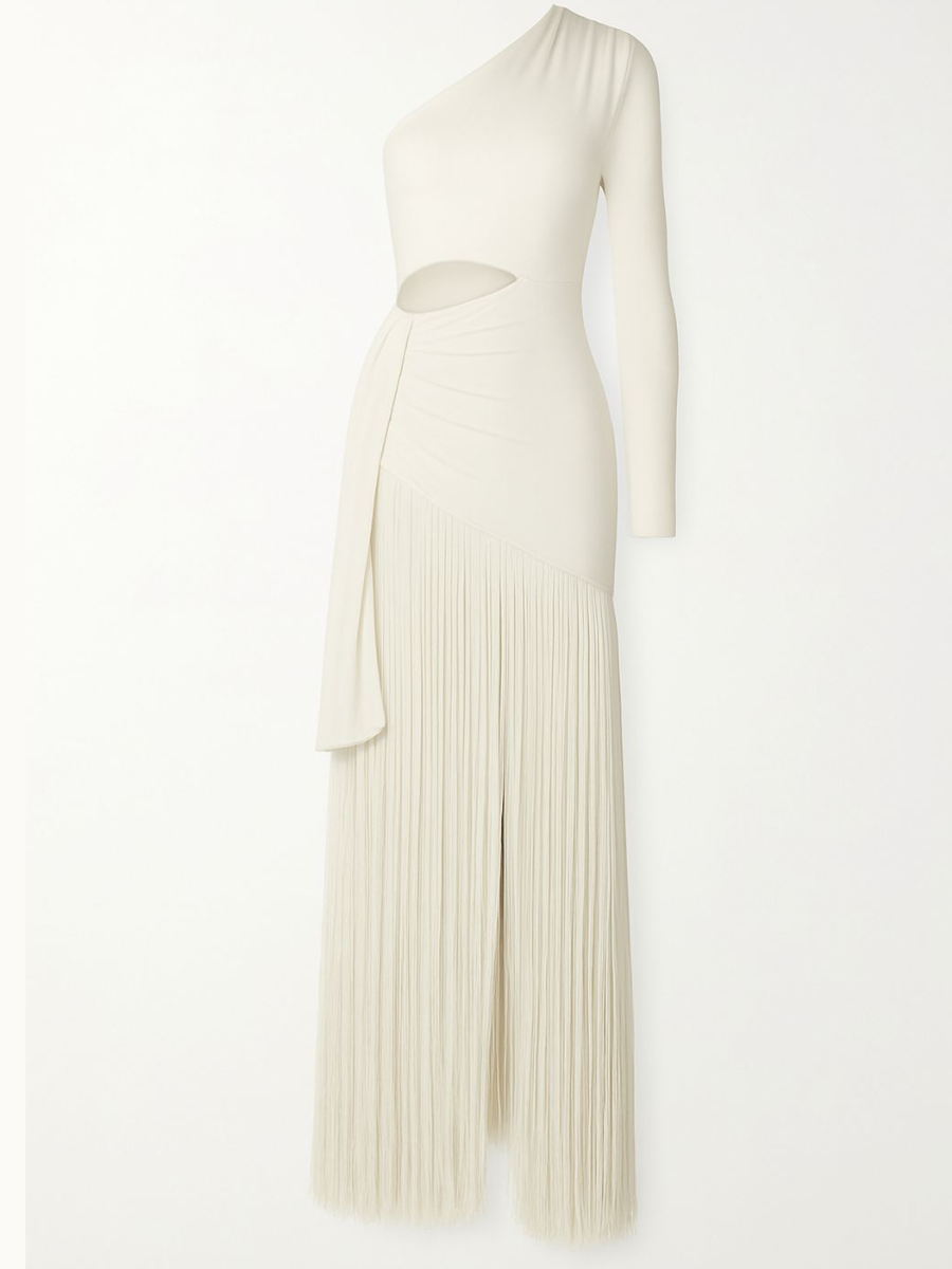 Vestido largo para mujer con hombro descubierto y flecos – Estilo elegante moderno