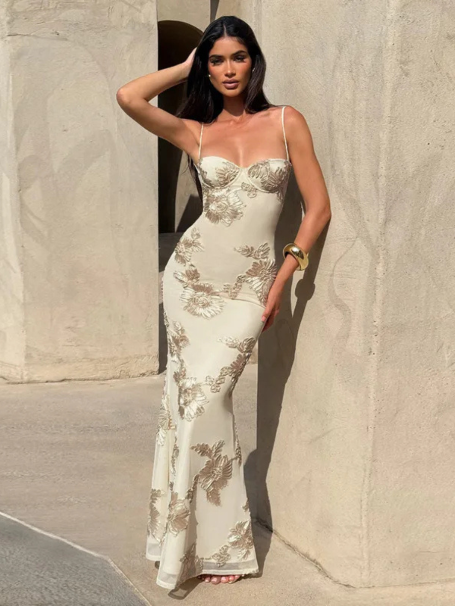 Abito lungo donna con scollo sulla schiena e spalline sottili – Stile elegante