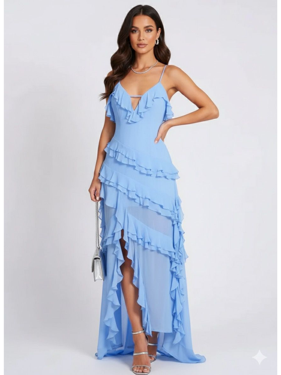 Long Evening Dress for Women with Slit and Ruffles – Elegant Style