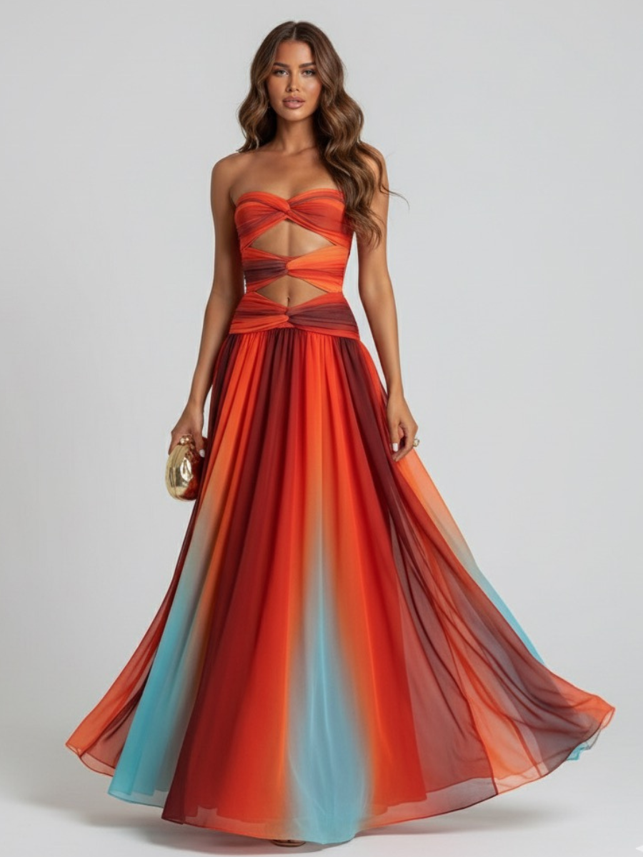 Abito lungo donna senza spalline in chiffon fluido – Stile elegante