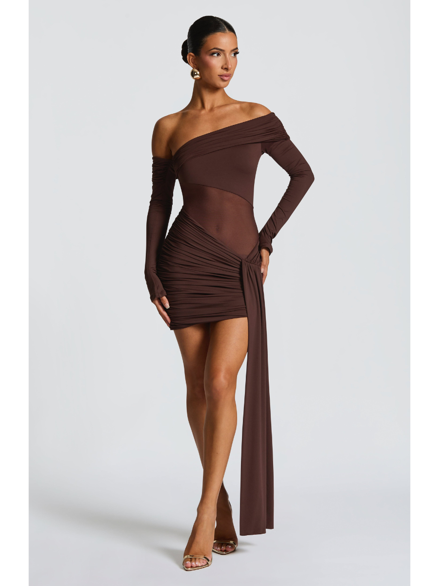 Abito da Sera Corto Donna con Maniche Lunghe e Dettagli Trasparenti – Stile Elegante