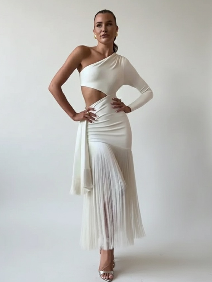 Abito lungo donna spalla scoperta con frange – Stile elegante moderno