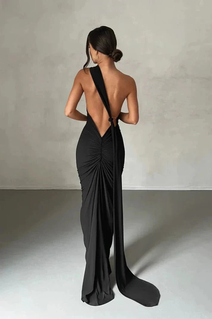 Robe Invitée de Mariage Longue Femme Une Épaule Sans Dos Boucle Foulard Ajustable Noire – Gwynn