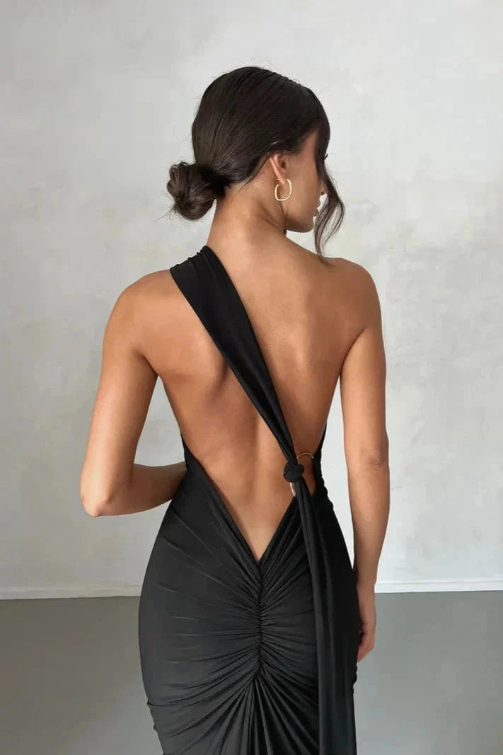 Robe Invitée de Mariage Longue Femme Une Épaule Sans Dos Boucle Foulard Ajustable Noire – Gwynn