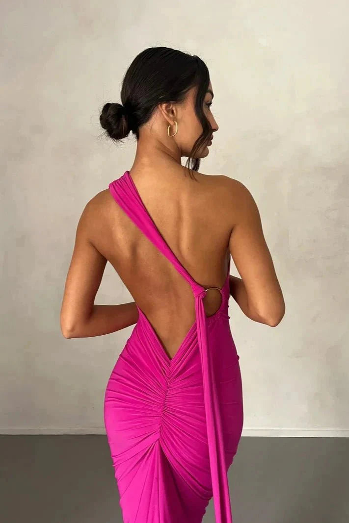 Robe Invitée de Mariage Longue Femme Une Épaule Sans Dos Boucle Foulard Ajustable Noire – Gwynn