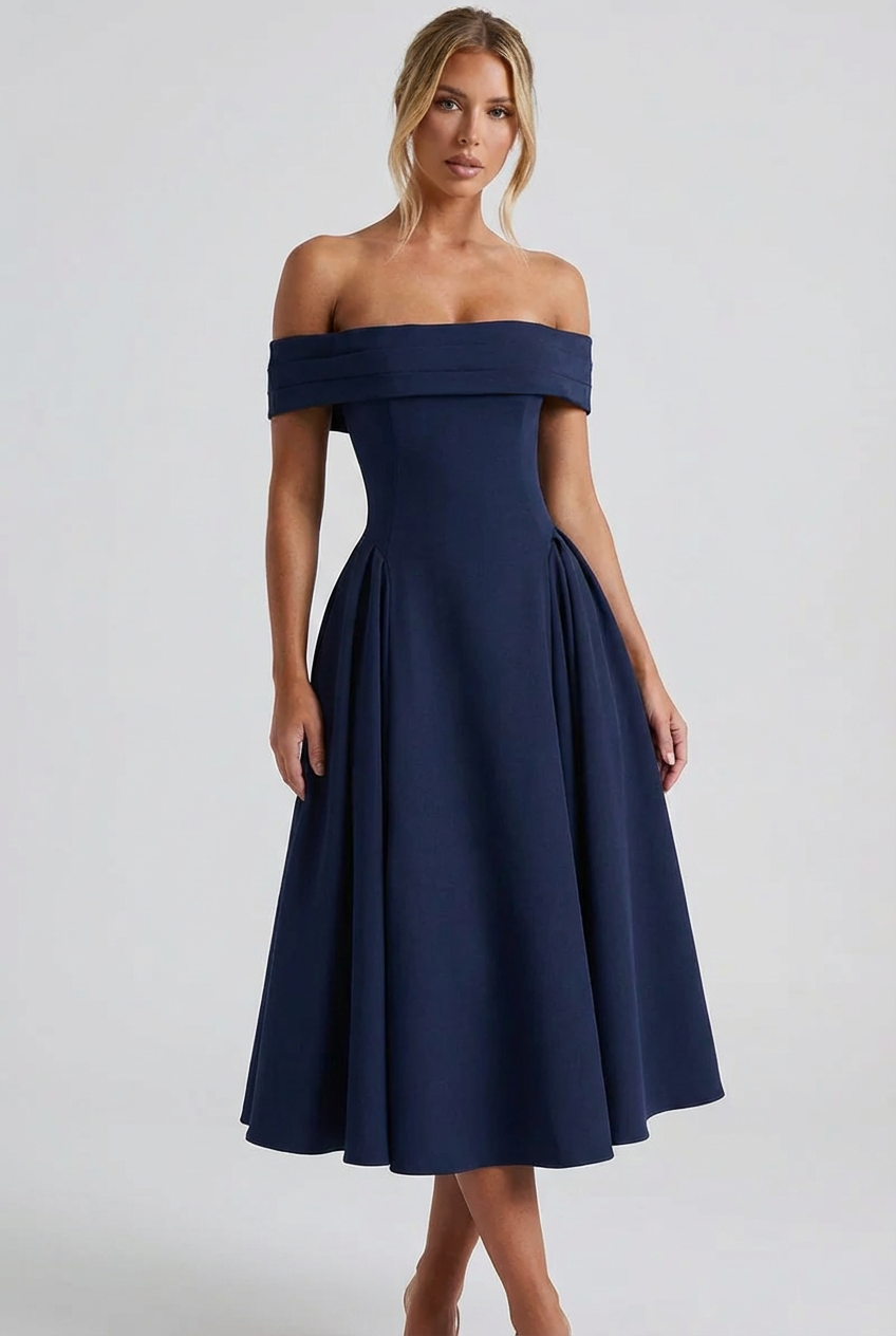 Évélisse | Abito da Sera Midi Plissettato con Spalle Scoperte Elegante Donna