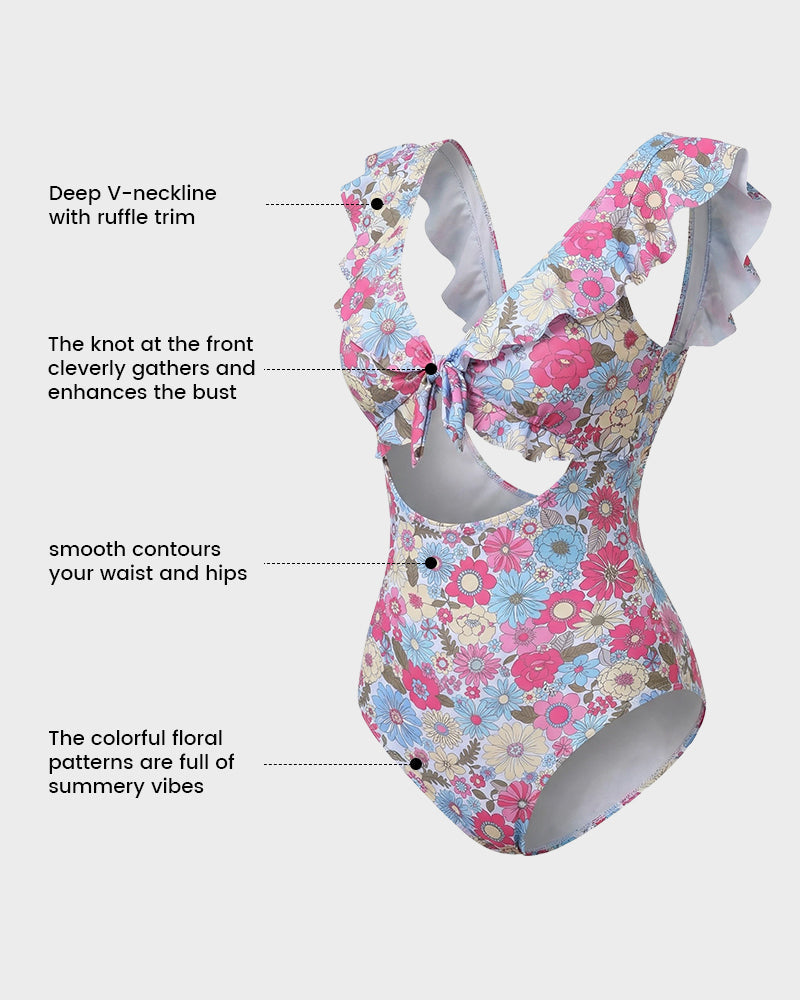 Costume da bagno intero con volant floreali e scollo a V per donne – Bloom