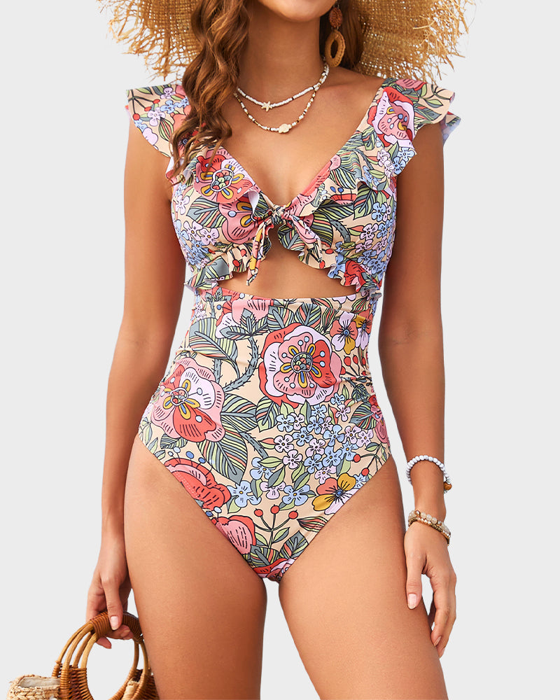 Costume da bagno intero con volant floreali e scollo a V per donne – Bloom